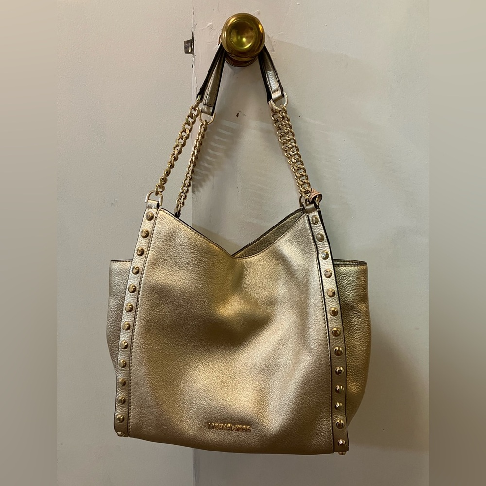 Michael Kors Medium Newbury Chain Gold Shoulder Tote with Studded Detailing